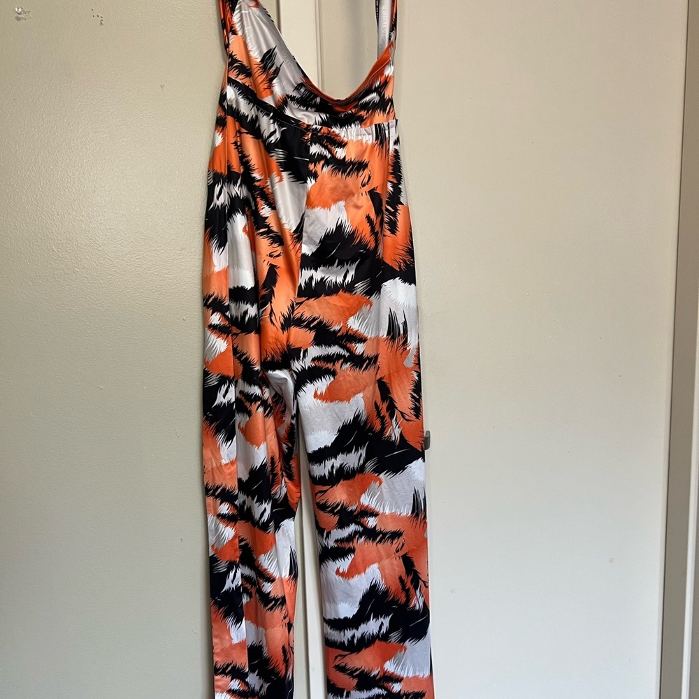 SHEIN Orange and Black Abstract Jumpsuit Wide-Leg